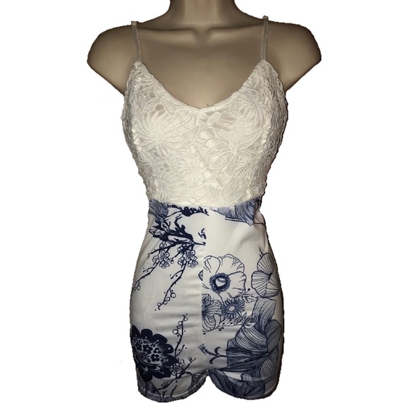 White and Blue Lace Romper - Picture 1 of 2